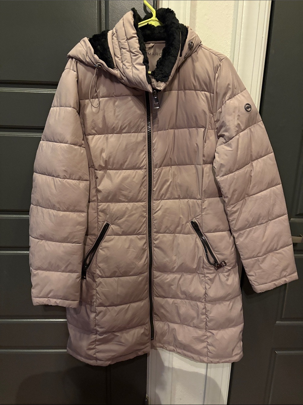 Andrew Marc Dusty Rose Quilted Long Puffer Coat with Black Faux-Fur Trim